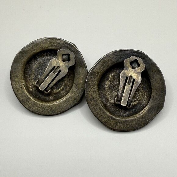 VTG Art Deco Geometric Clipon Earrings Round Abstract Blue Cabochon Enamel Golan - Picture 4 of 6